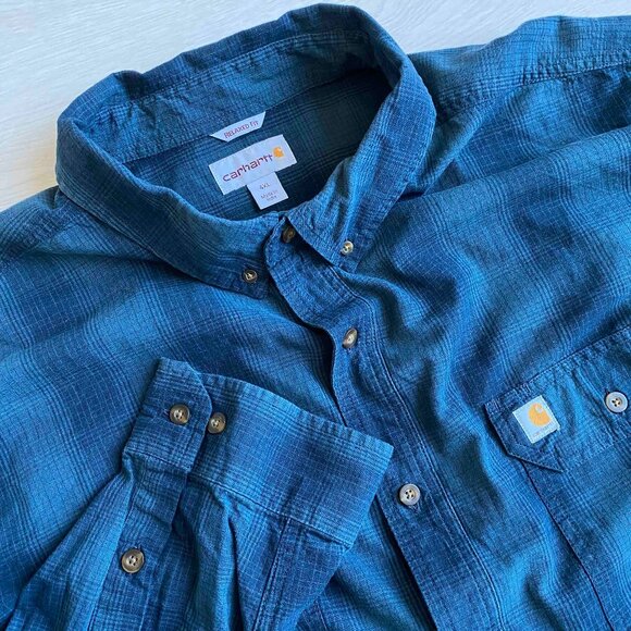 Carhatt Men's Plaid Blue Long Sleeve Button Shirt Relaxed Fit Size 4XL Western - Picture 1 of 11